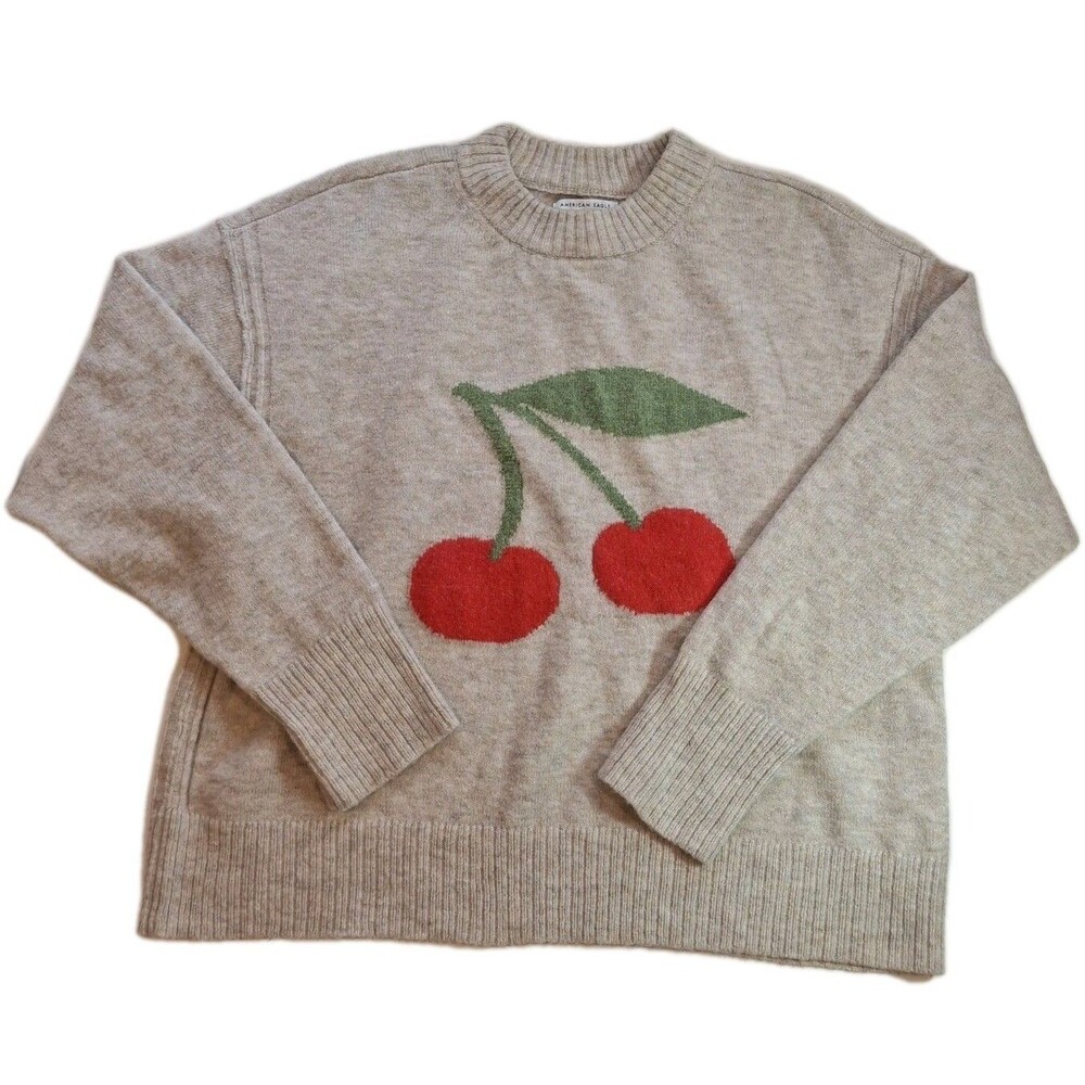 AE Size M Whoa So Soft Cherry Crew Neck Sweater Oatmeal Cozy Oversized